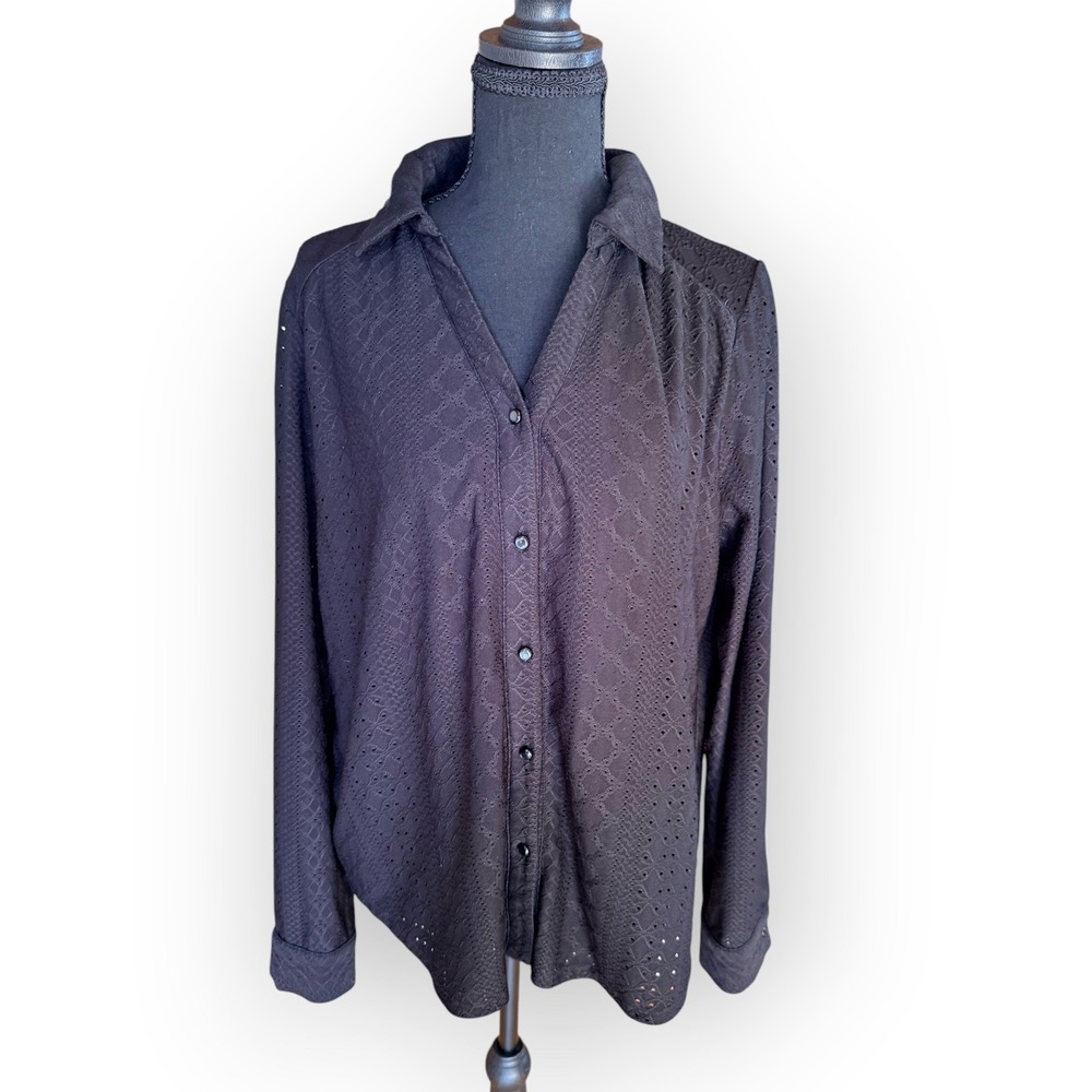 Adrianna Papell Black Eyelet Lace Button Down Shirt Blouse Goth Dark Academia M